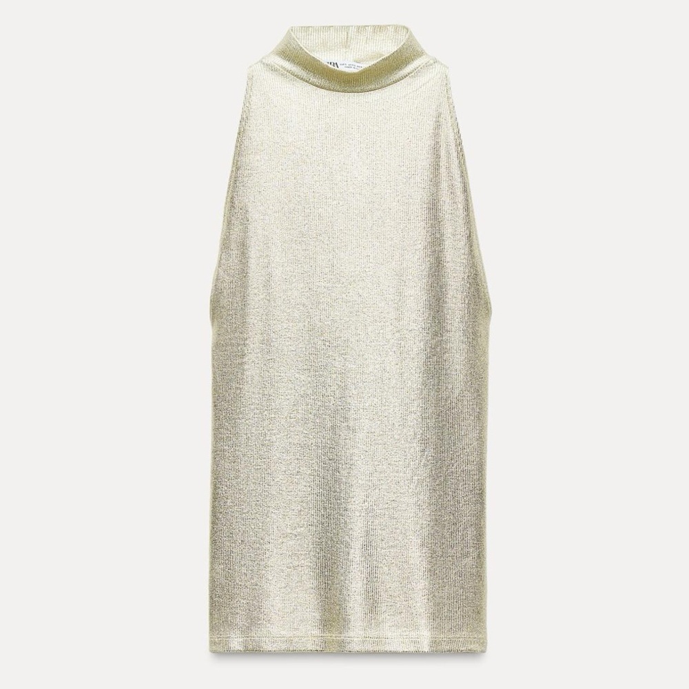 Zara Foiled Ribbed Halter Neck Mock Neck Tank Top Gold Metallic